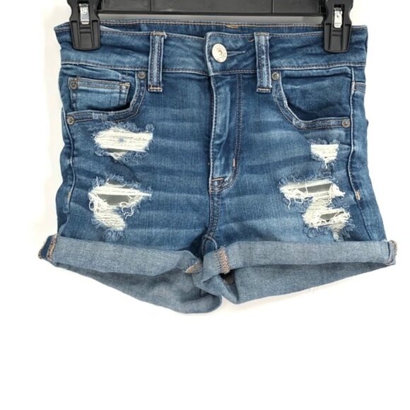 AMERICAN EAGLE Hi-Rise Shortie Jean Shorts Denim Shorts Stretch Distressed 0 - Picture 1 of 5